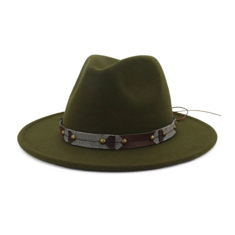 X3087  Wide Brim Fedoras Men Wool Hats Leather Belt Jazz Hat Women Large Brim Solid Belt Autumn Fashion Fedora Caps