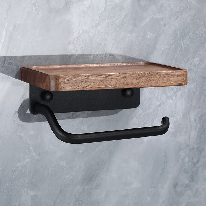 Self Adhesive Wood toilet paper holder with shelf toilet paper roll holder toilet roll paper holder