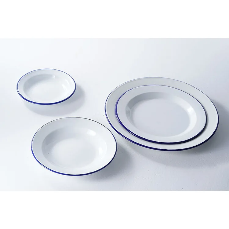 Wholesale durable household dinnerware white round multiple sizes available carbon steel enamel plates dishes set
