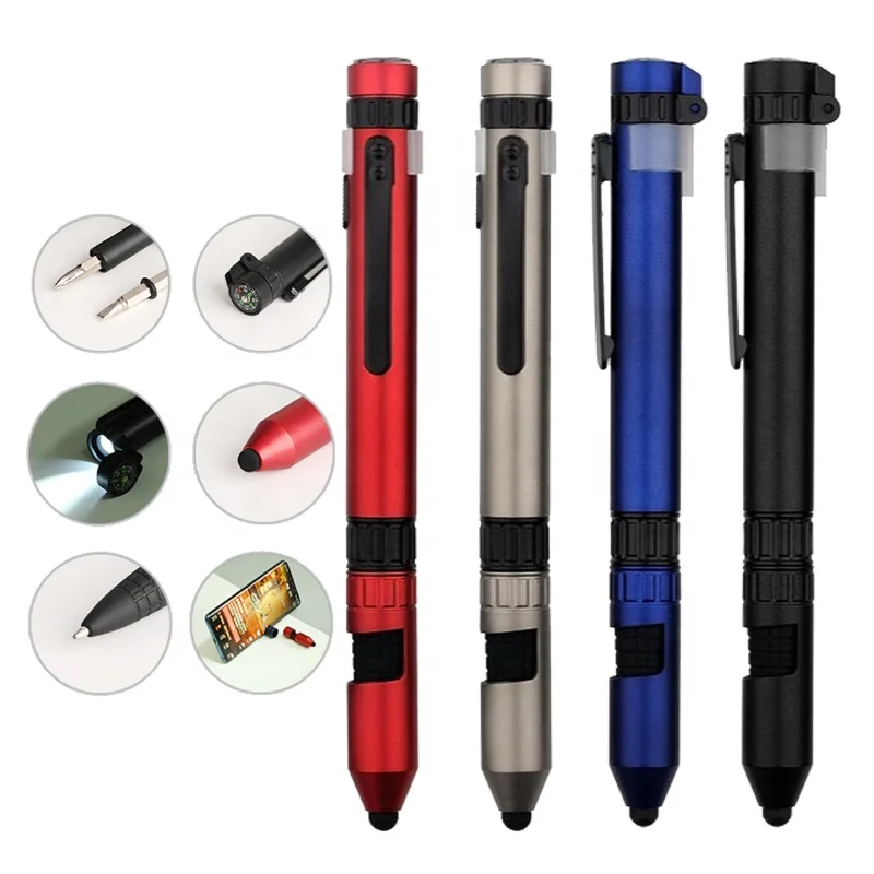 Outdoor activities 6 in 1 multi function tool pen with phone holder stylus compass led light plastic ballpoint pen
