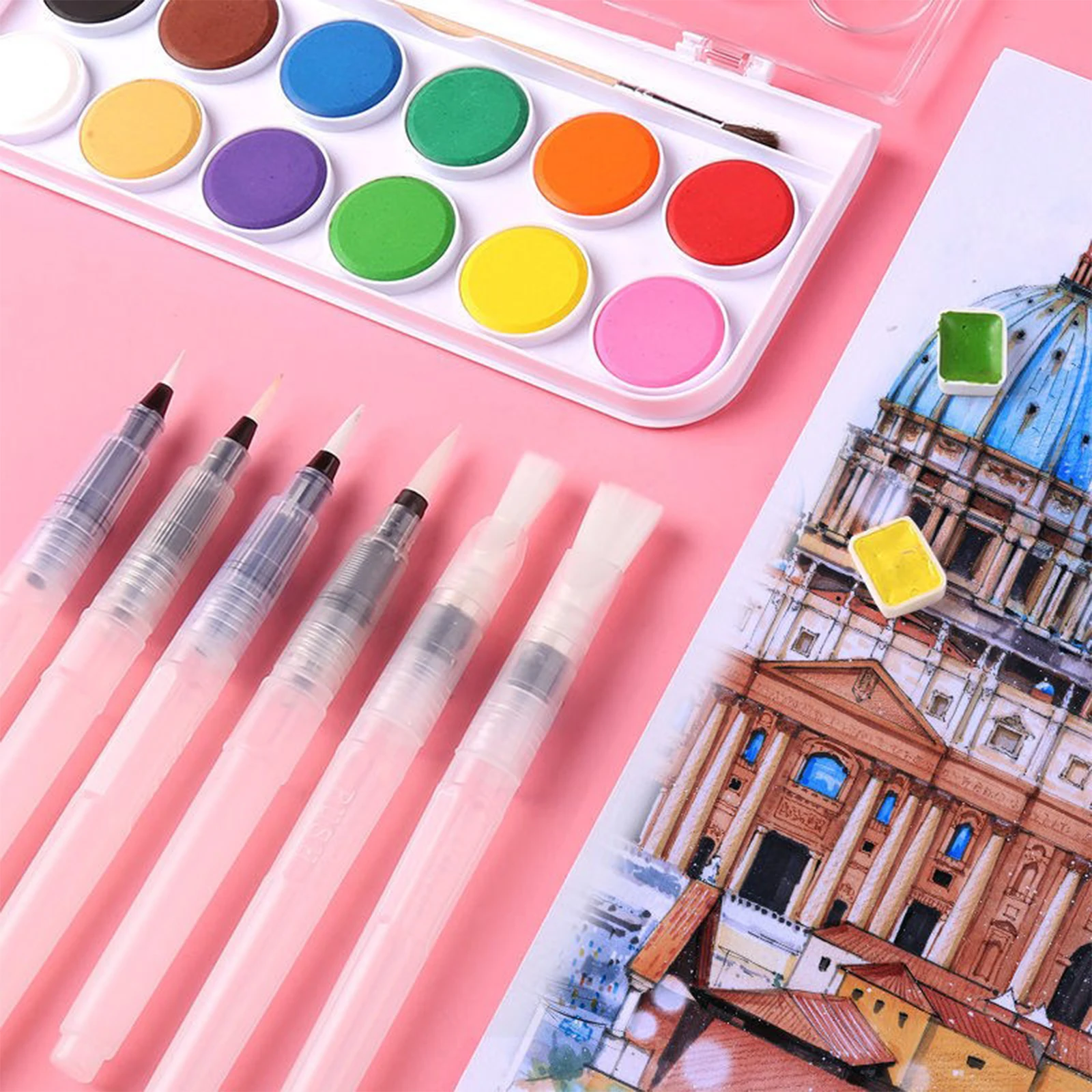 Eval 6Pcs Large Capacity Refillable Water Paint Brush Set Different Shape Soft Calligraphy Brush Drawing Pen Art Supplies