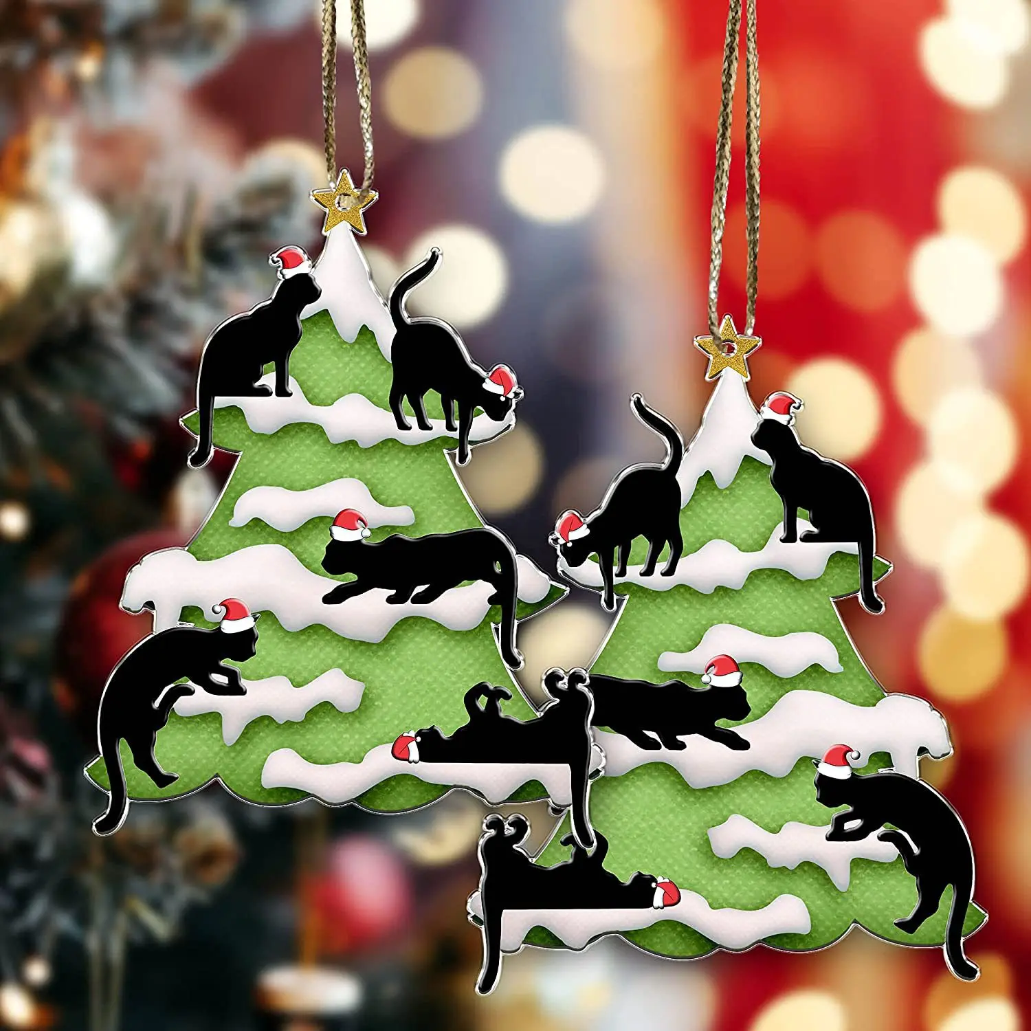2D Acrylic Flat Black Cat Christmas Ornaments Xmas Decor Tree Hanging Pendant With Lanyard For Home Decor Happy New Year Gifts