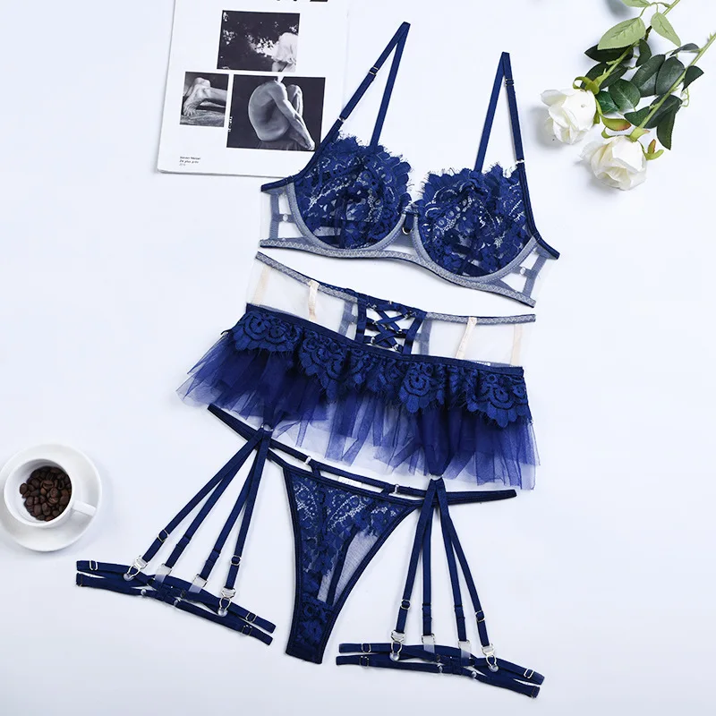 New Arrival  Navy Color Women Bubble Skirt Sexy Lingerie Set Soft Lace Sex Underwear