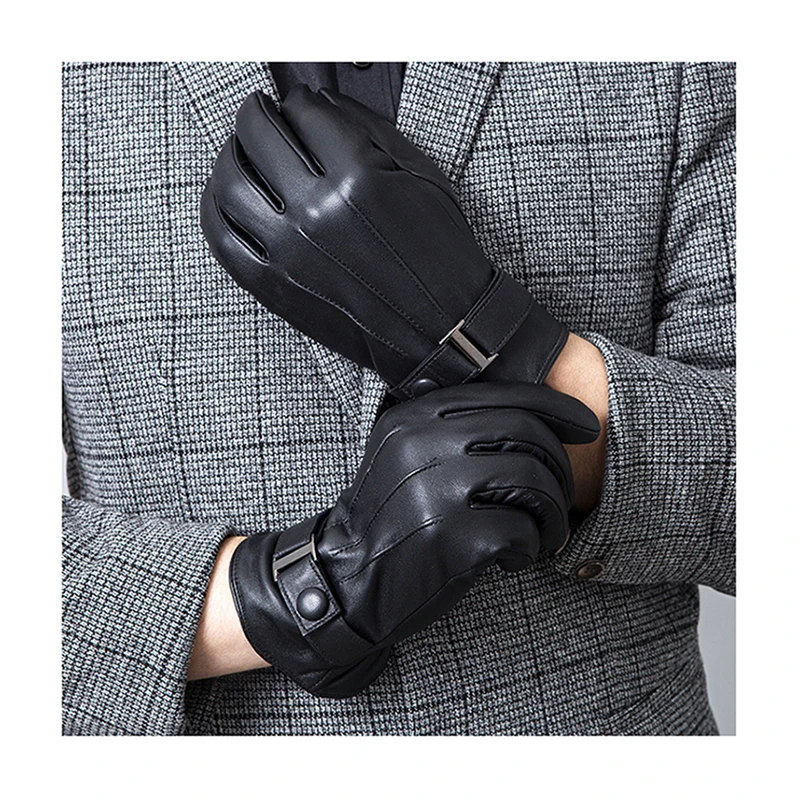 Retro Fashion Black Winter Warm Leather Sheepskin Gloves Men Outdoor Cycling Hiking Driving Touch Screen Full Finger Gloves