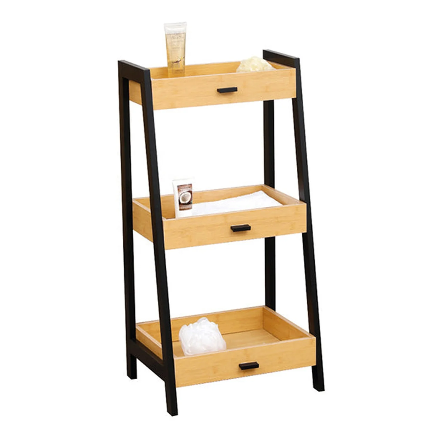 3 tier corner toilet shower caddy organizer bamboo wood ladder bathroom storage shelf