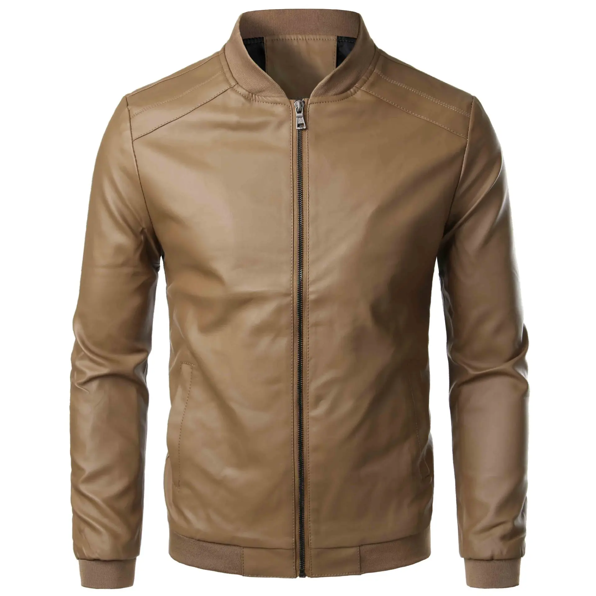 Sidiou Group Autumn Fashion Thin Solid Color Leather Jackets Simple Zipper Bomber Jackets Slim Fit Male Leather Jacket