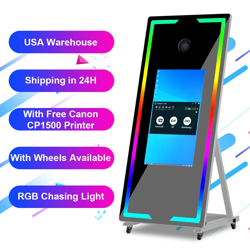 Led metal frame selfie 45/65inch flash light magic mirror photo booth touch screen machine with camera and printer for event