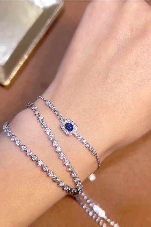 Simple INS Style 18K White Gold Jewelry Natural Royal Blue Sapphire Tennis Bracelet Fashion Accessory Charm Bracelet