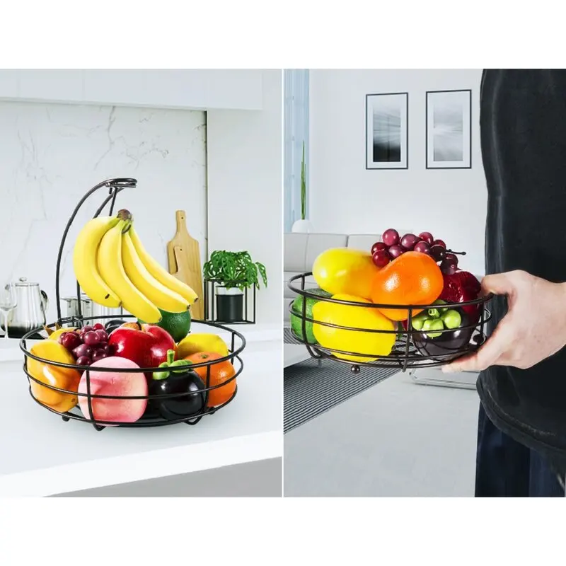 2 Tier Detachable Countertop Fruit Basket Bowl With Banana Hanger For Kitchen Dining Table