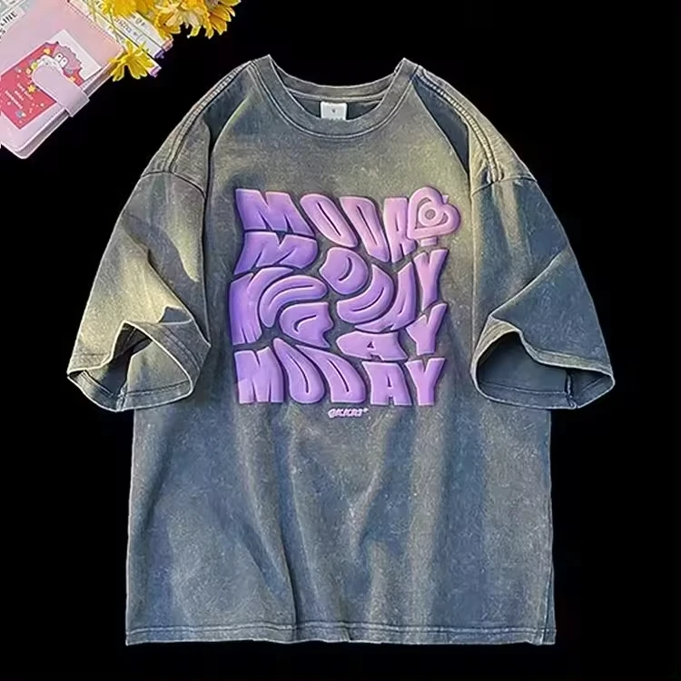 custom puff printed logo 250 gsm t-shirt  100% cotton unisex streetwear graphic heavyweight oversized acid wash men t shirt