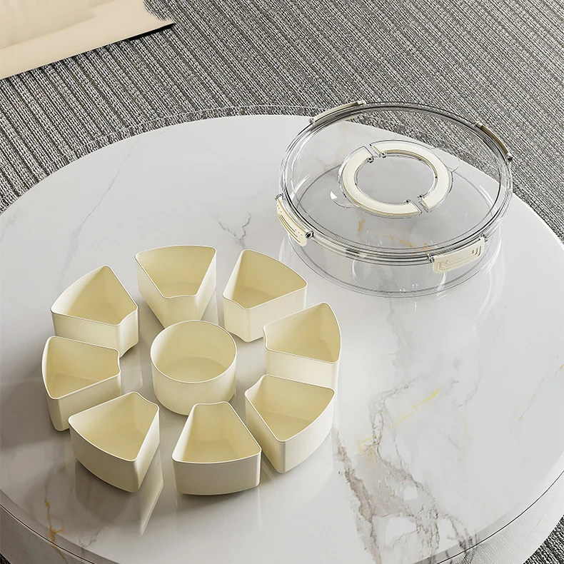 Round Divided Serving Tray With Lid And Handle Portable Snack 9 Compartment Fresh Keeping Food Storage Snack Box Container