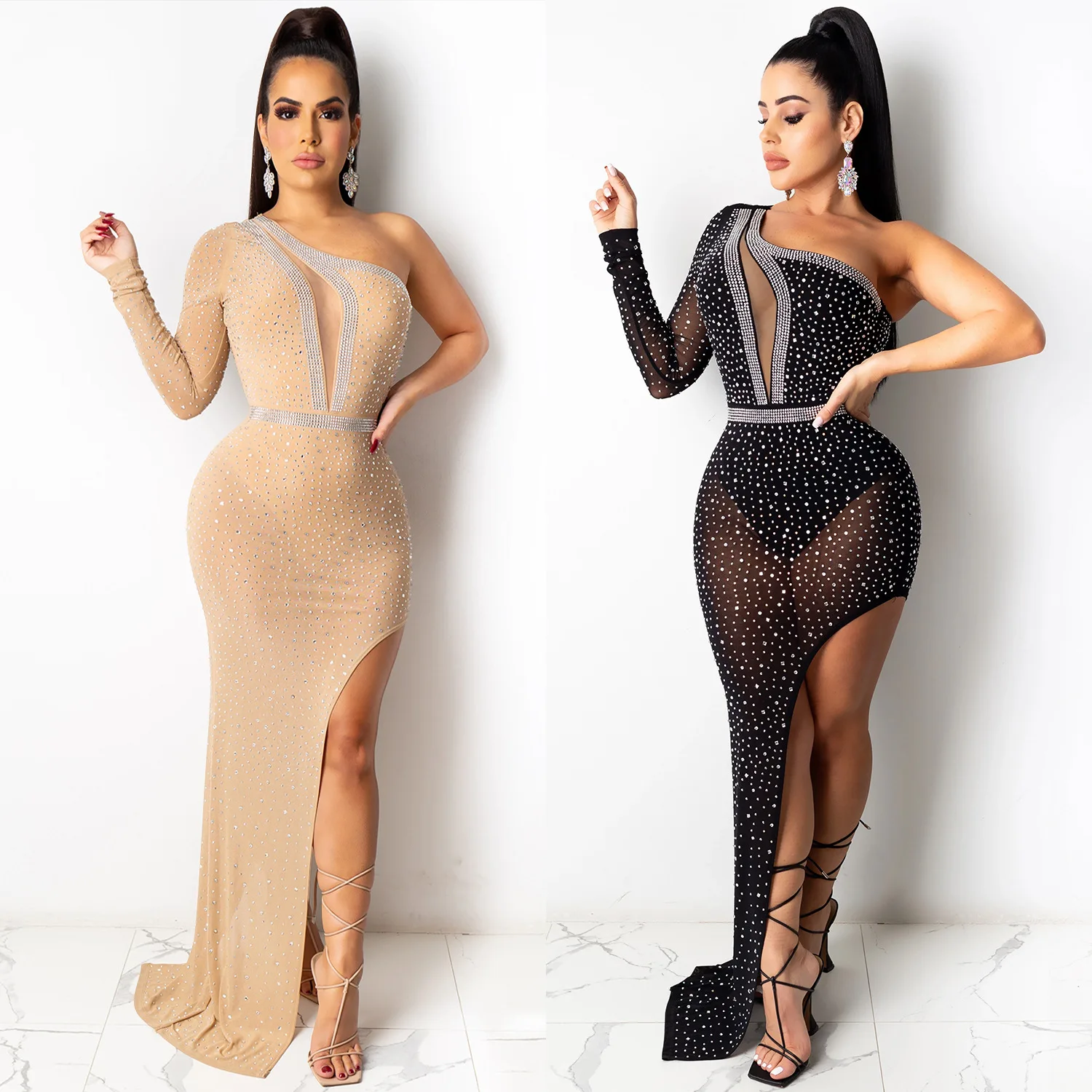 Sexy club nightclub mesh diamond perspective irregular dress women