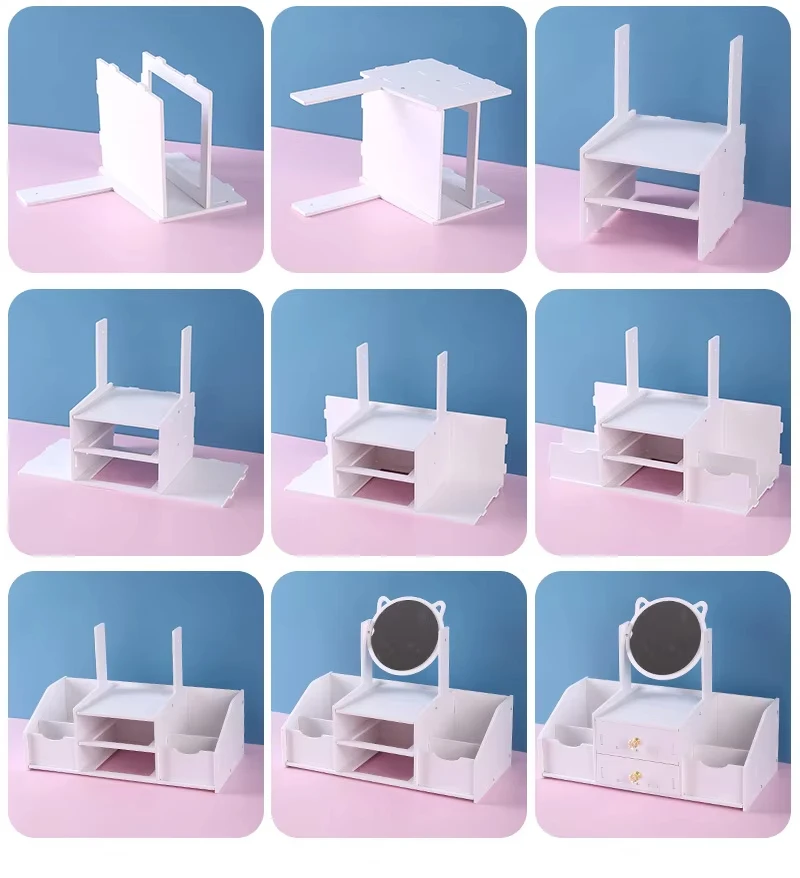 Wholesale price multifunctional luxury white round mirror nordic cosmetic storage box makeup organizer with ears mirror