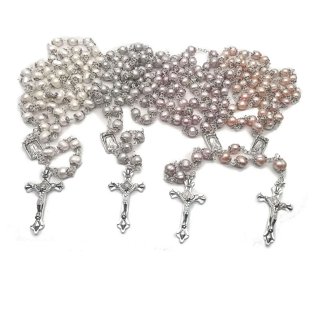 Amazon Hot Sale Natural Freshwater Pearl Rosary Necklace High-End Cross Christian Catholic Jewelry 54g rosario plata