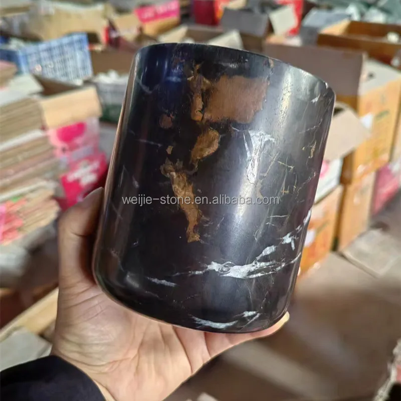 New Arrival Unique Portoro Black Marble Candle Jar Black Marble Empty Candle Holder With Lid Onyx Candle Vessel Glass Insert