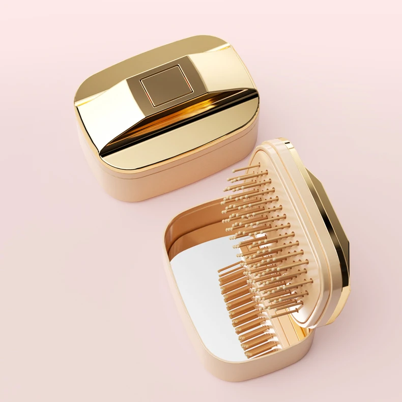 One Click Self Cleaning Hair Brush with Pocket Mirror Portable Airbag Round Head Massage Small Detangling Hairbrush for Women