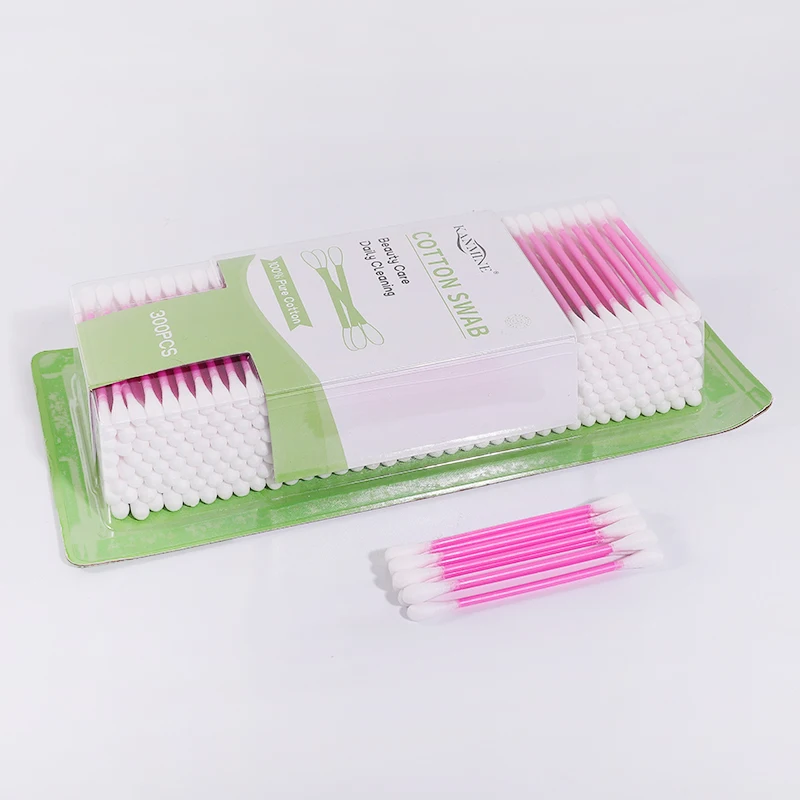 Reliable 300Pcs Pink Plastic Stick Cotton Buds With Suction Packaging Card for Delicate Applications and First Aid