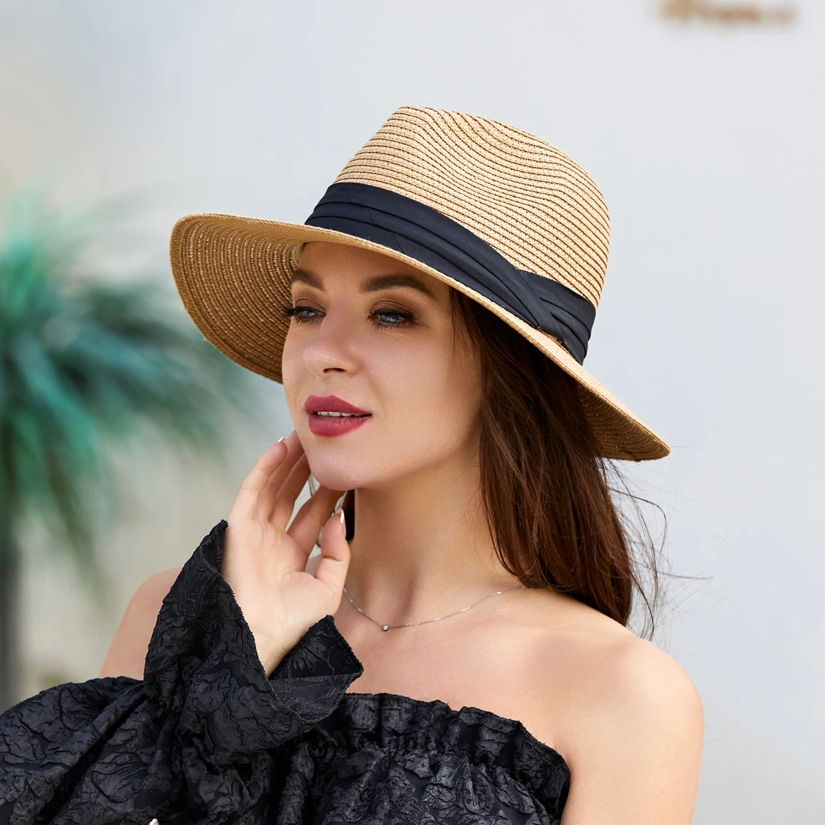 Womens Mens Wide Brim Straw Panama Hat Fedora Summer Beach Sun Hat UPF Straw Hat for Women