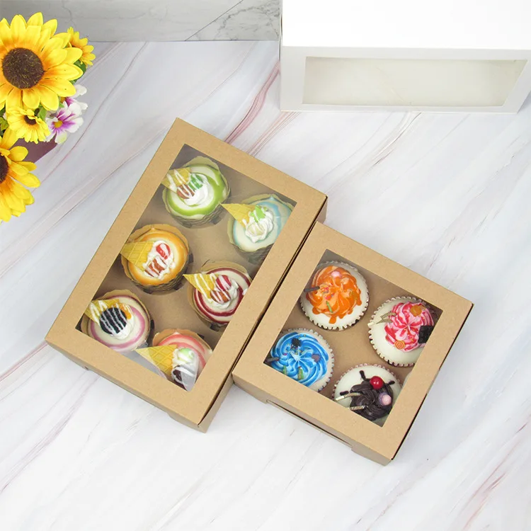 Transparent Window Kraft Paper Cupcake Muffin Packing Box 1 2 4 6 Holes Scatola Torta Clear Cup Cake Boxes For Bakery Shop