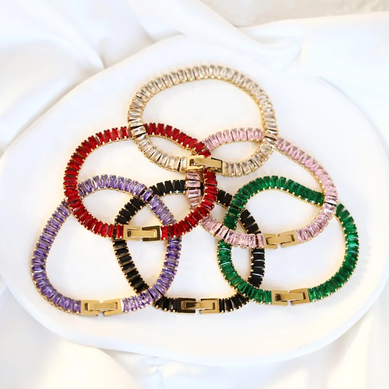 Wholesale Women Jewelry 18K Gold Plated Stainless Steel Rainbow Colorful Baguette Diamond Tennis Bracelet