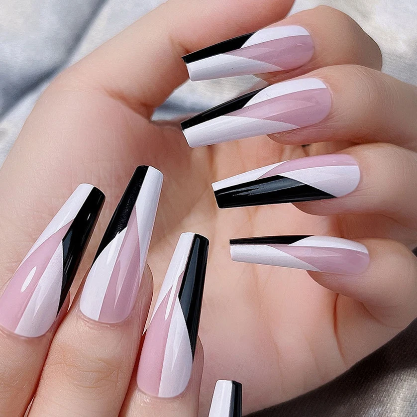 Natural Nude wholesale 24pcs Business Wearable Nails Stylish Black & White Collage False Nails for Bold Personality