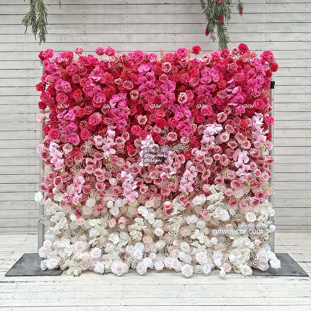 GNW Wedding Stage Back drop Decorative Pink Rose Hydrangea Wall Rolled Up Artificial Flower White Backdrop