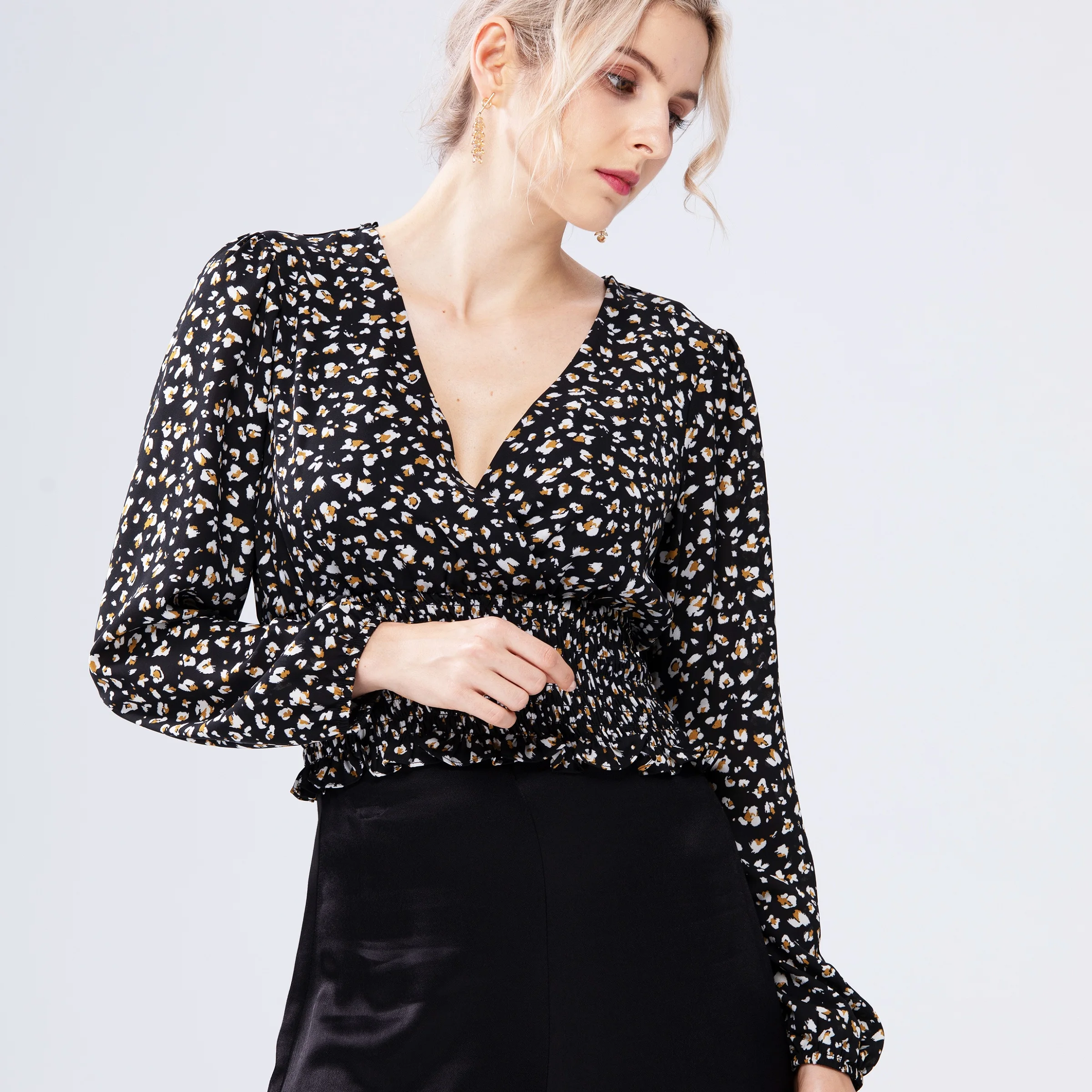 Ladies Spring Black Long Sleeve V Neck Casual Elegant Smocking Womens Cute Shirt Blouses