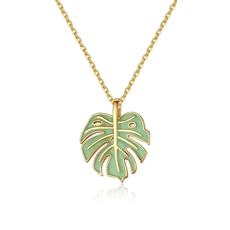 Trendy 14K gold plated enamel jewelry 925 Sterling silver leaf pendant