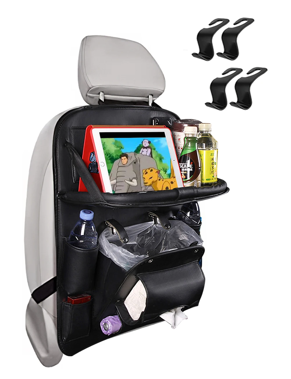 Car Backseat Organizer with Tablet Holder PU Leather Car Storage Organizer with Foldable Table Tray Car Seat Back Protector