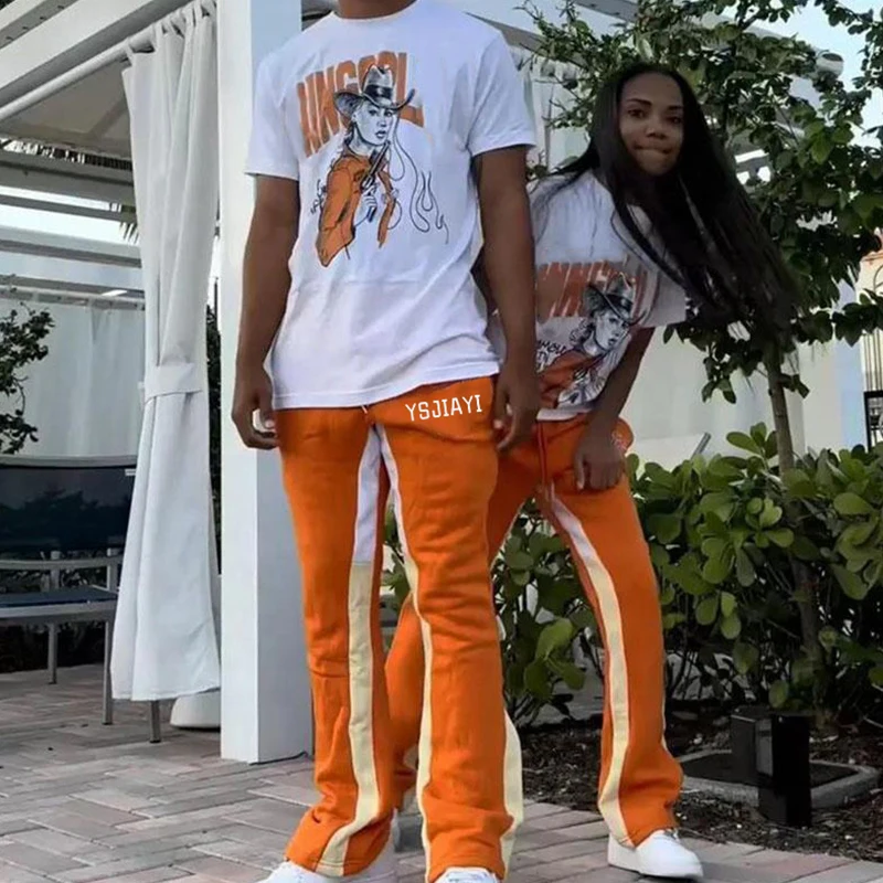 Custom Graphic Print T Shirt Flared Pant Set 3d Puff Print Logo Flared Pant Two Pieces Tracksuit Jogger Set