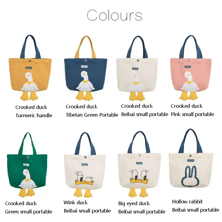 Custom New Versatile Shopping Bag Cute Duck Cotton Canvas Leisure Hand Bag Ins Shoulder Tote Bag with Custom Printed Logo