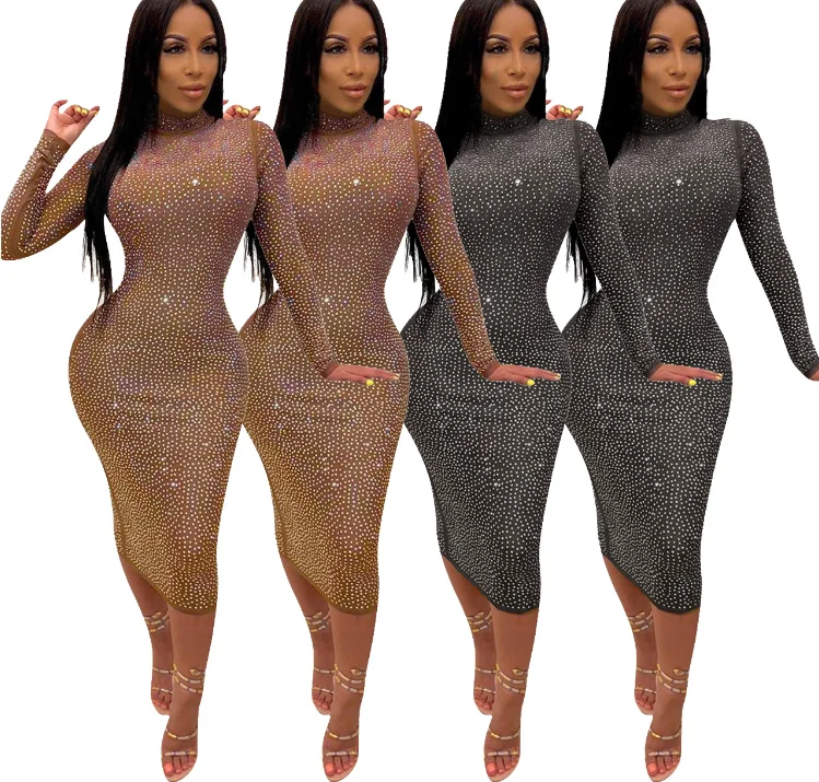 
SP2053F 2019 Long-sleeved perspective dress with double-sided hot drilling in autumn and winter 