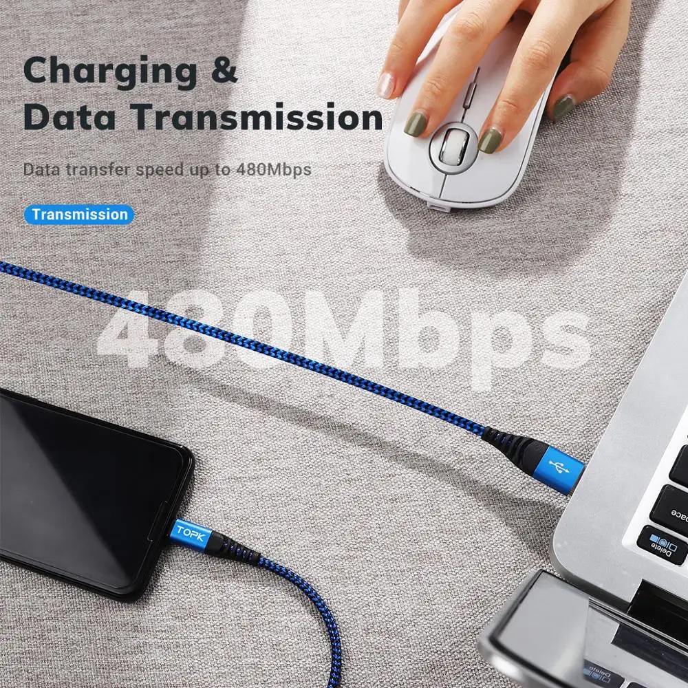  TOPK AN24 1 м (3 3 фута) 3A QC3.0 позолоченный нейлоновый Плетеный USB кабель для передачи данных Type C Iphone Samsung зарядное