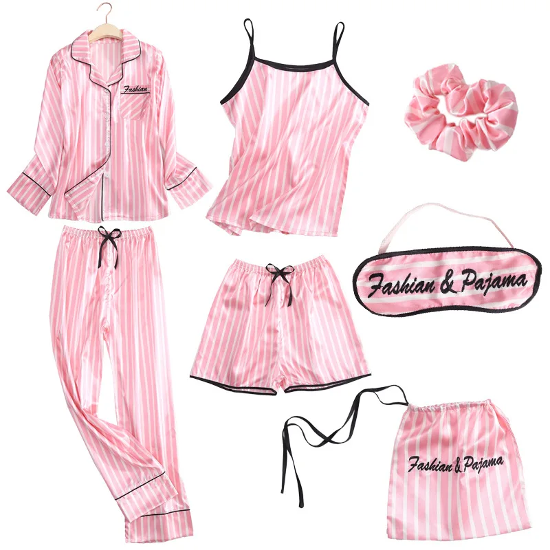 Autumn Winter 7 Pcs Set Cotton Elegant 2019 Women Pajamas Print Shorts Long Sleeve Top Elastic Waist Pants Full Lounge Sleepwear