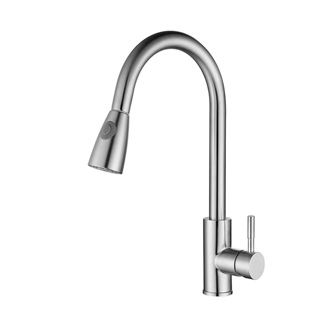
Modern 304 Stainless Steel Hot Cold Single Handle Brushed Nickel Pull Down Kitchen Faucet For Sink 