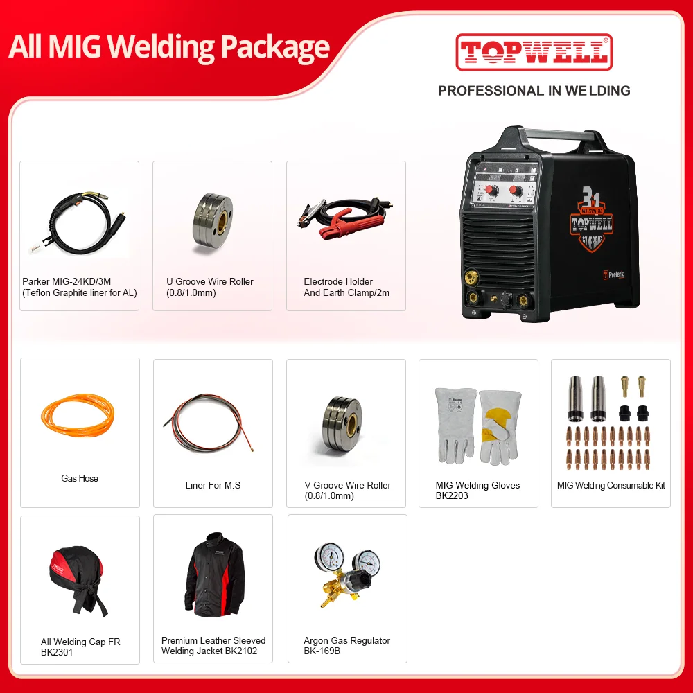 SMALL and PORTABLE 200amp mig/tig welding machine TOPWELL PROMIG-200SYN Pulse arc welders