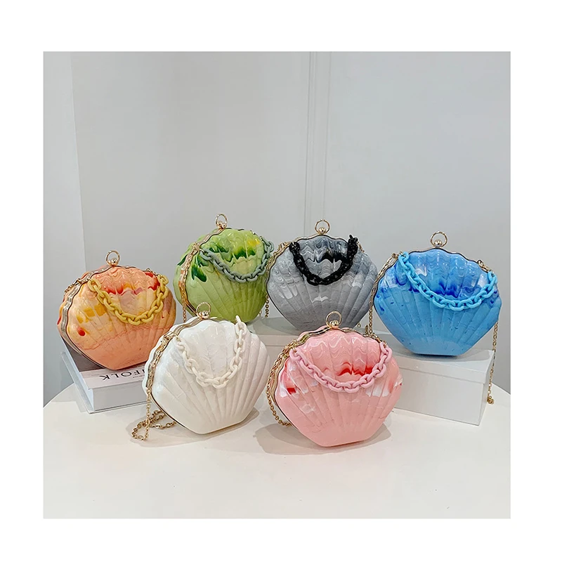 Summer Fashion Ink Pattern Acrylic Shell Bag Design Thick Chain Strap Messenger Bag High Quality Pvc Handbag Evening Party Purse