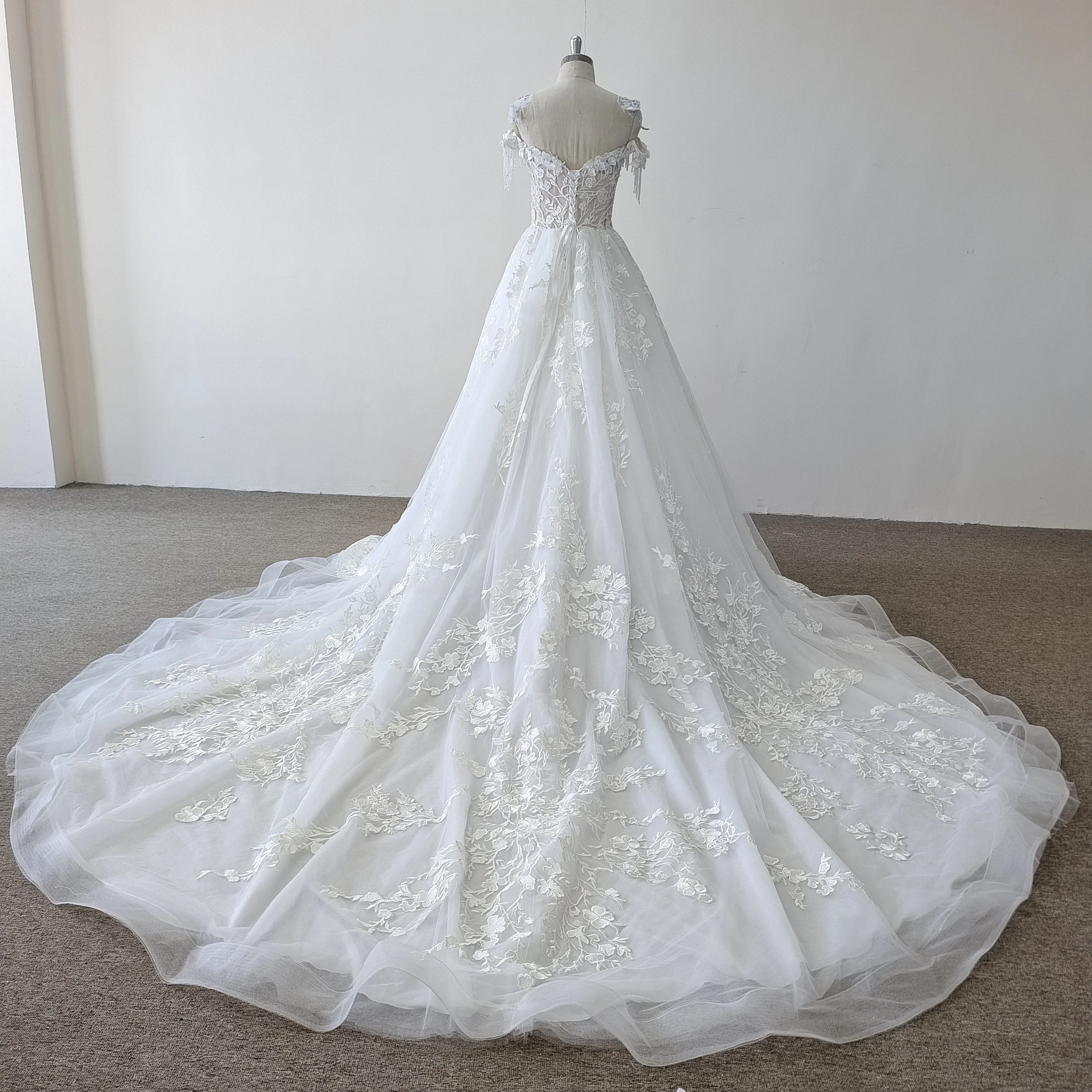 QUEENS GOWN bridal dress off-shoulder tassel deep v neck 3D flower lace A-Line elegance bridal wedding dress