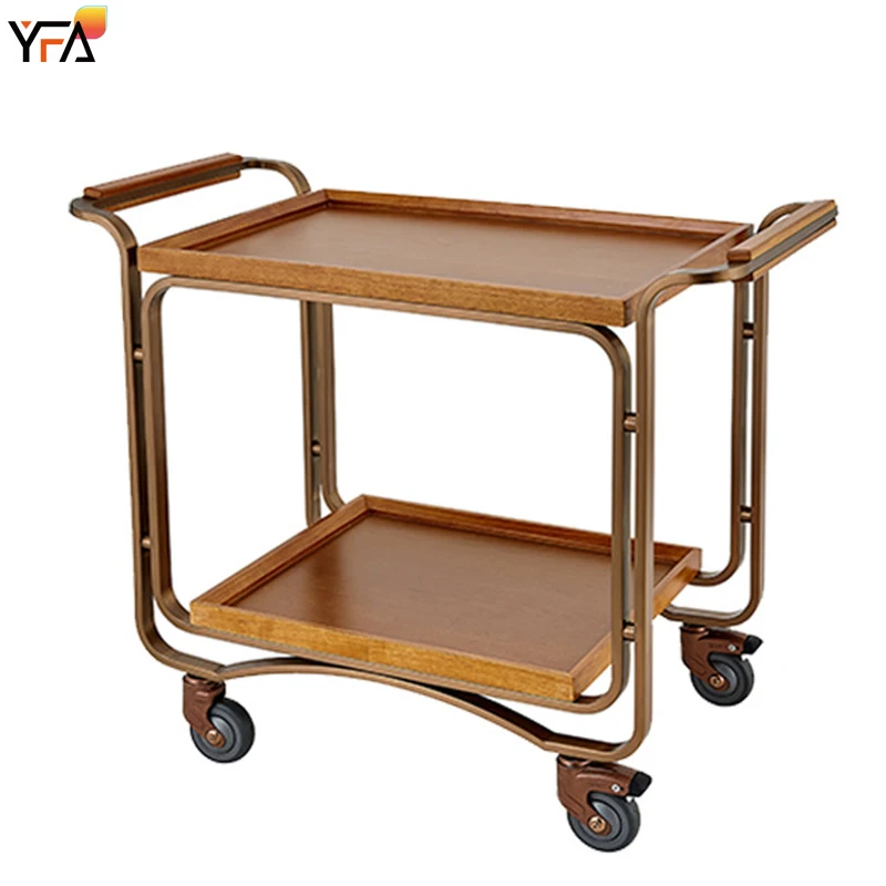 Kitchen Furniture Hotel Drinks Serving Trolley Cart Wooden Bar Cart For Home Golden Metal Coffe Food Serving Carts
