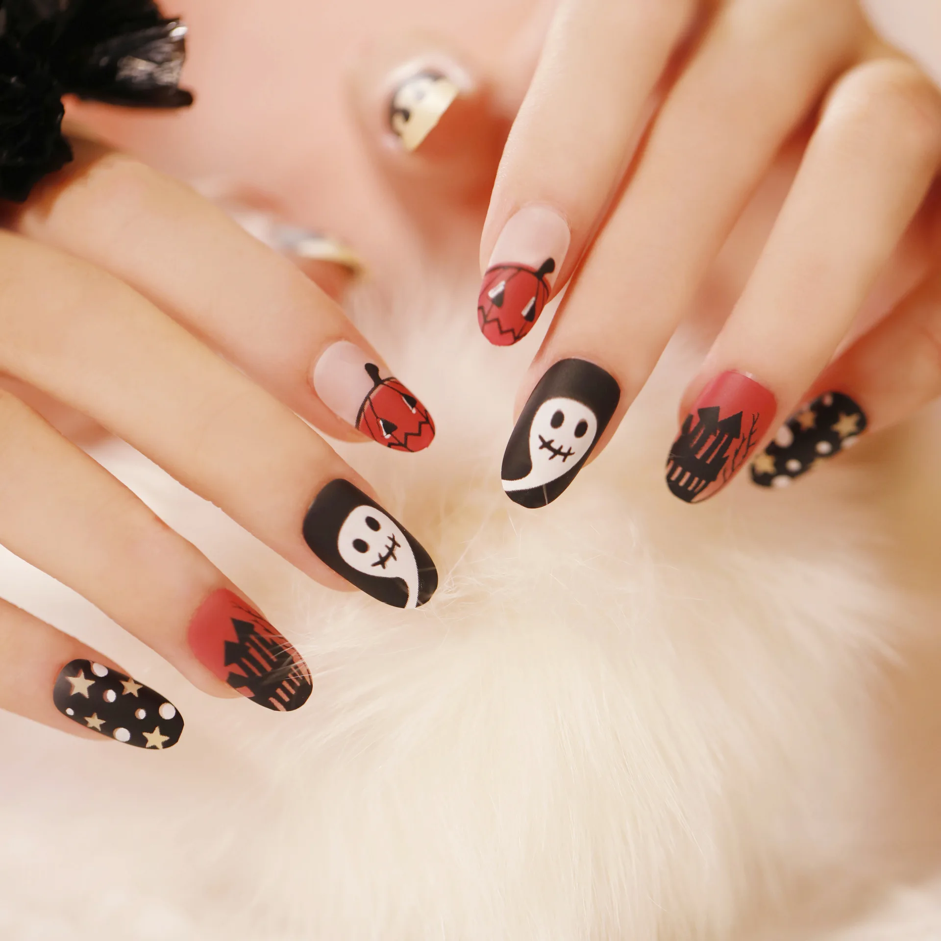 Wholesale 24 Tips Long Coffin Ghost Spider Web Press on Nails Art For Halloween Decoration