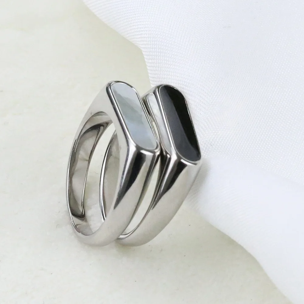 MECYLIFE Ins Fashion Women Finger Ring Stainless Steel White Shell Ring Minimalist Black Enamel Ring