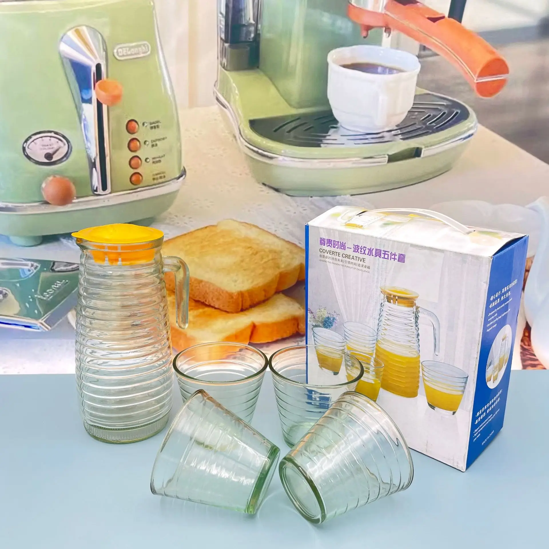 5pcs glass water pitcher and cups set with stripes glassware glass jug set water juice dispenser beer mug