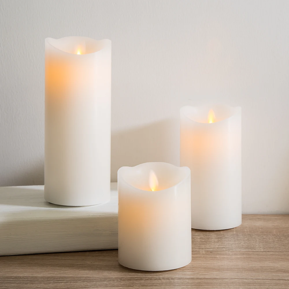 Home decoration moving flame cheap pillar waved white remote timer flameless led wax candles