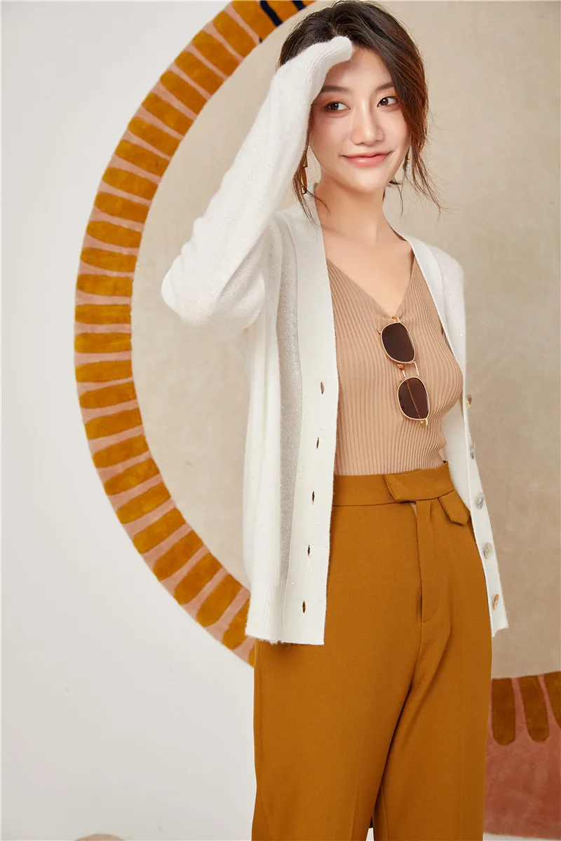 Hot Selling Female Sequin 100% Cashmere Knitted Button V-neck Sweater Cardigan