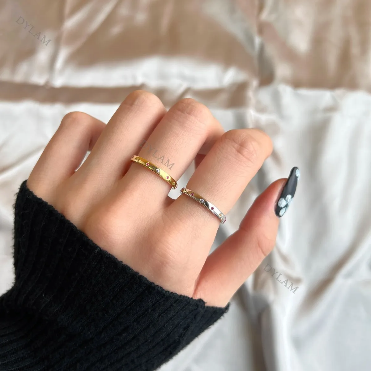 Dylam Classic Full Color Zircon 18k Gold Plated Cubic Zirconia Inlayed Colorful Star Shiny Dome Statement Fine Rings Girls
