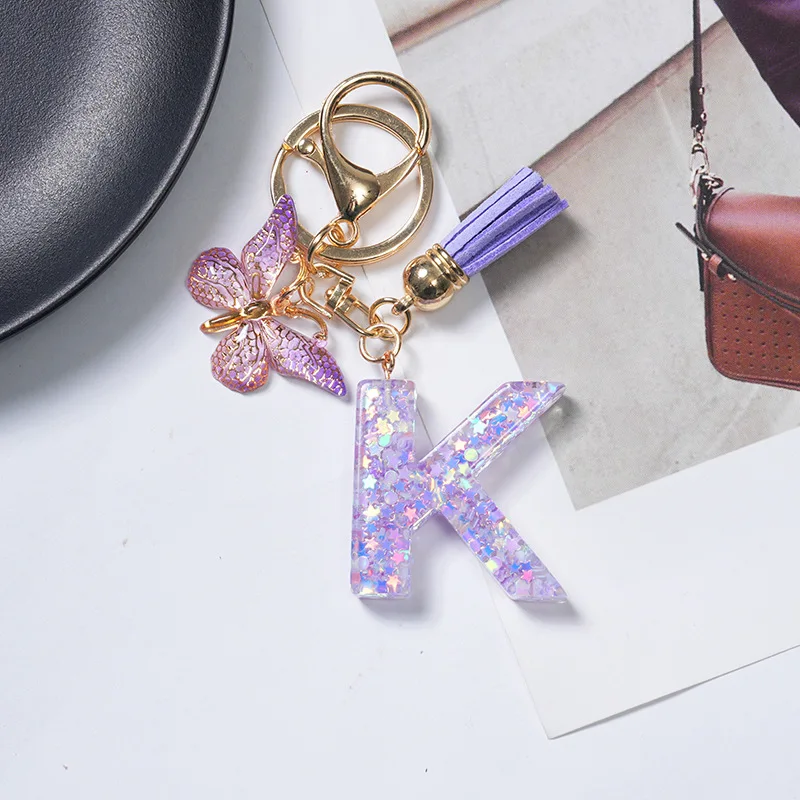 Fashion Alphabet Initial Letter Keychain Tassel Butterfly Pendant Key Ring for Purse Handbags Women Girl