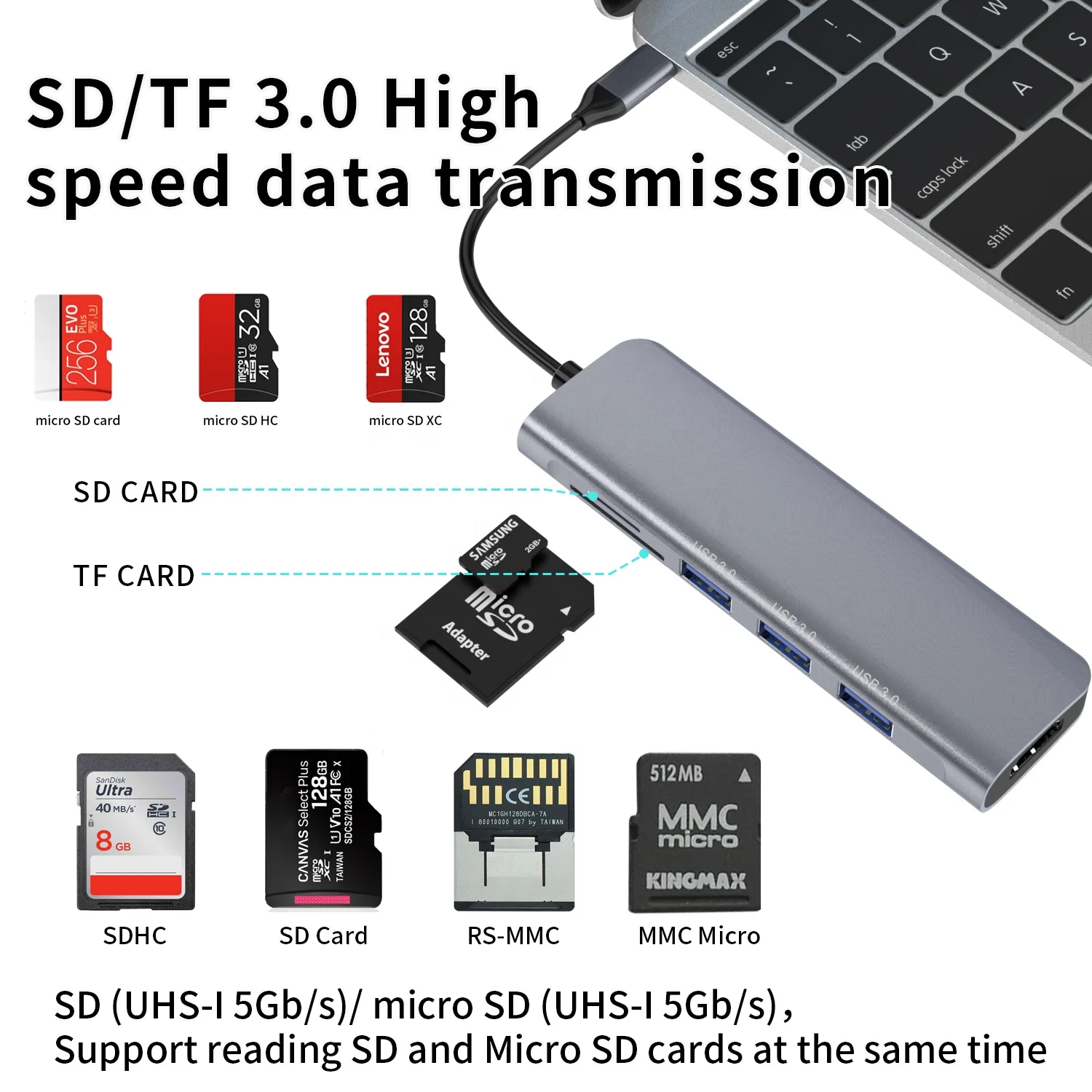 Алюминиевая многопортовая док-станция 6 в 1 3 * USB-A SD-карта/TF карта/HDMI USB-концентраторы для ноутбука Macbook планшетного телефона
