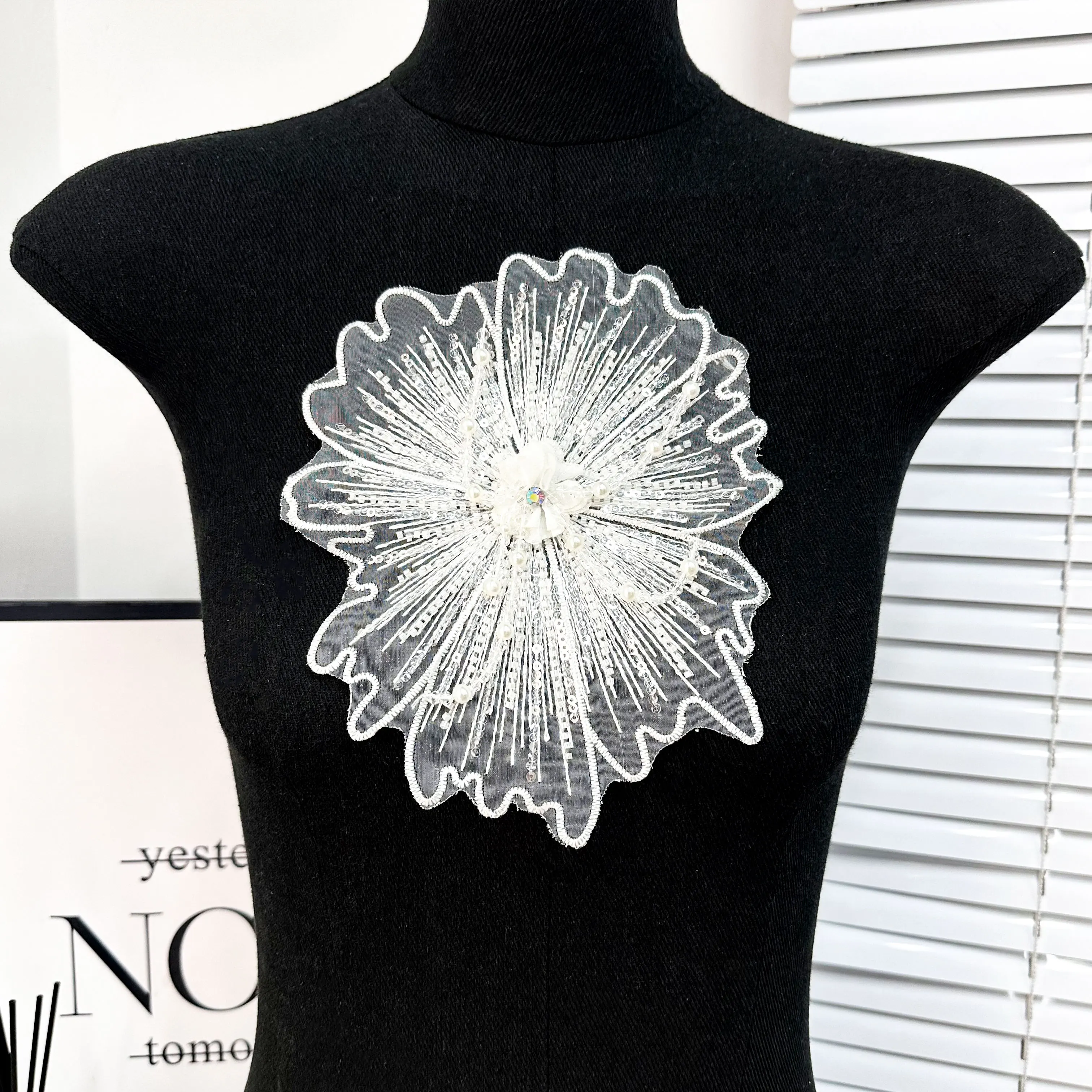 White sequins, nail beads, embroidered mesh, lace, new dress, wedding collar, decorative clothing, patches, hand sewn stickers