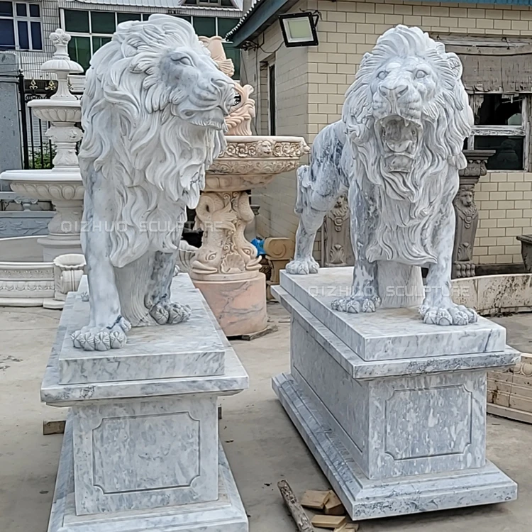 Large Size Outdoor Hand Carving Animal White Marble Sitting Lion Stone Statue Sculpture for Entrance
