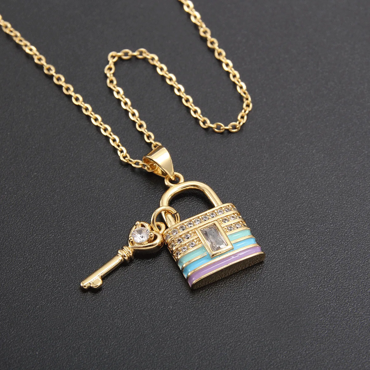 New Fashion Unisex Pendant Necklace Key Lock Diamond Zircon Copper Brass Link Chain Bamboo Style Party Religious Trendy